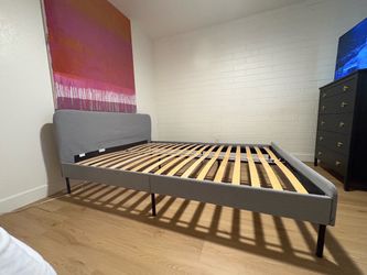 Gray Upholstered Platform Bed Frame + Matching Chair (IKEA)
