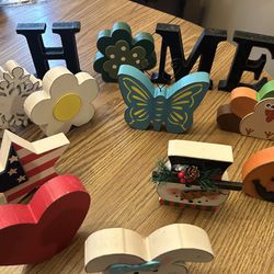 Home block letter with seasonal O - holidays home decor - wood carved  Flag flower snowflake snowman bunny turkey pumpkin butterfly shamrock