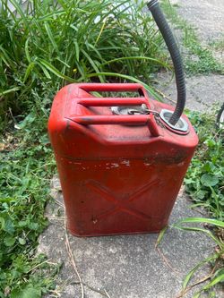 Vintage USMC Red Metal Gas & Oil Advertising Can w/ Spout Nozzle, and holder