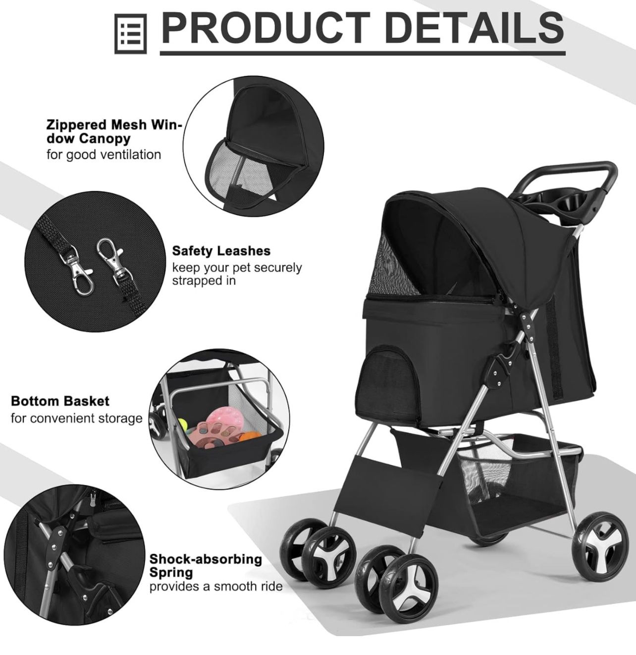 Pet Dog Stroller, Handle 360° Wheel Foldable Dogs Stroller with Storage Basket and Cup Holder for Small Medium Dogs & Cats