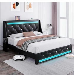 Pink Faux LED Bed Frame with Tufted Headboard