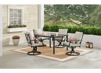 Hampton Bay Cookson Black 5-Piece Metal Outdoor Dining Set with Cushion Guard Putty Beige Cushion