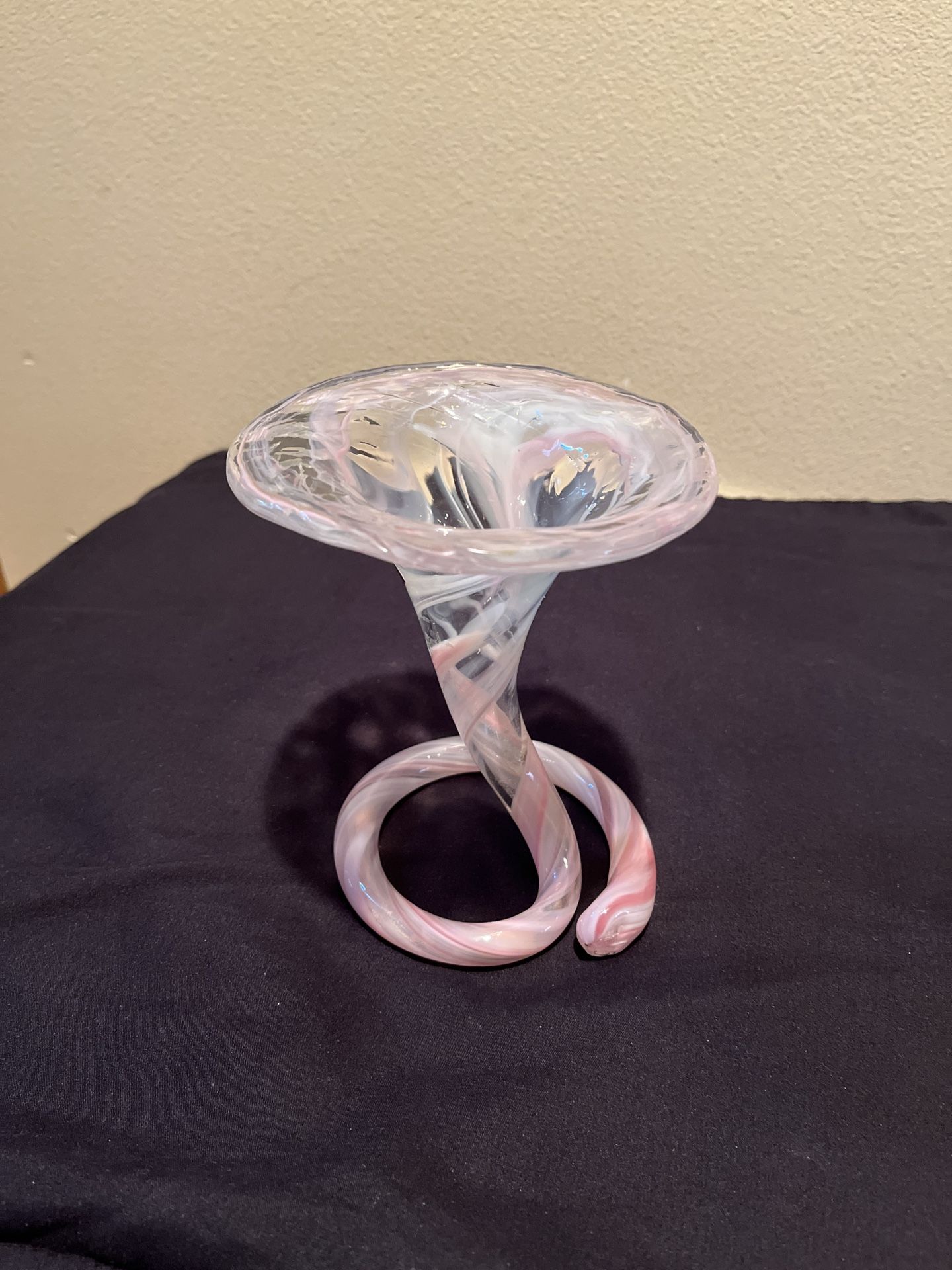 Vintage Hand-blown Art Unique Coiled Bottom And A Bell-shaped Top Glass Vase By Marigold Glassware