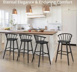 Wood Bar Stools with Semicircular Backrest, Black Farmhouse Barstools Set of 4 Modern Bar Height Bar Stools for Kitchen Island Pub, 30 Inch