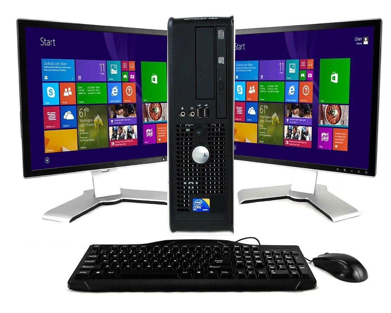 Dell desktop tower PC with dual monitors