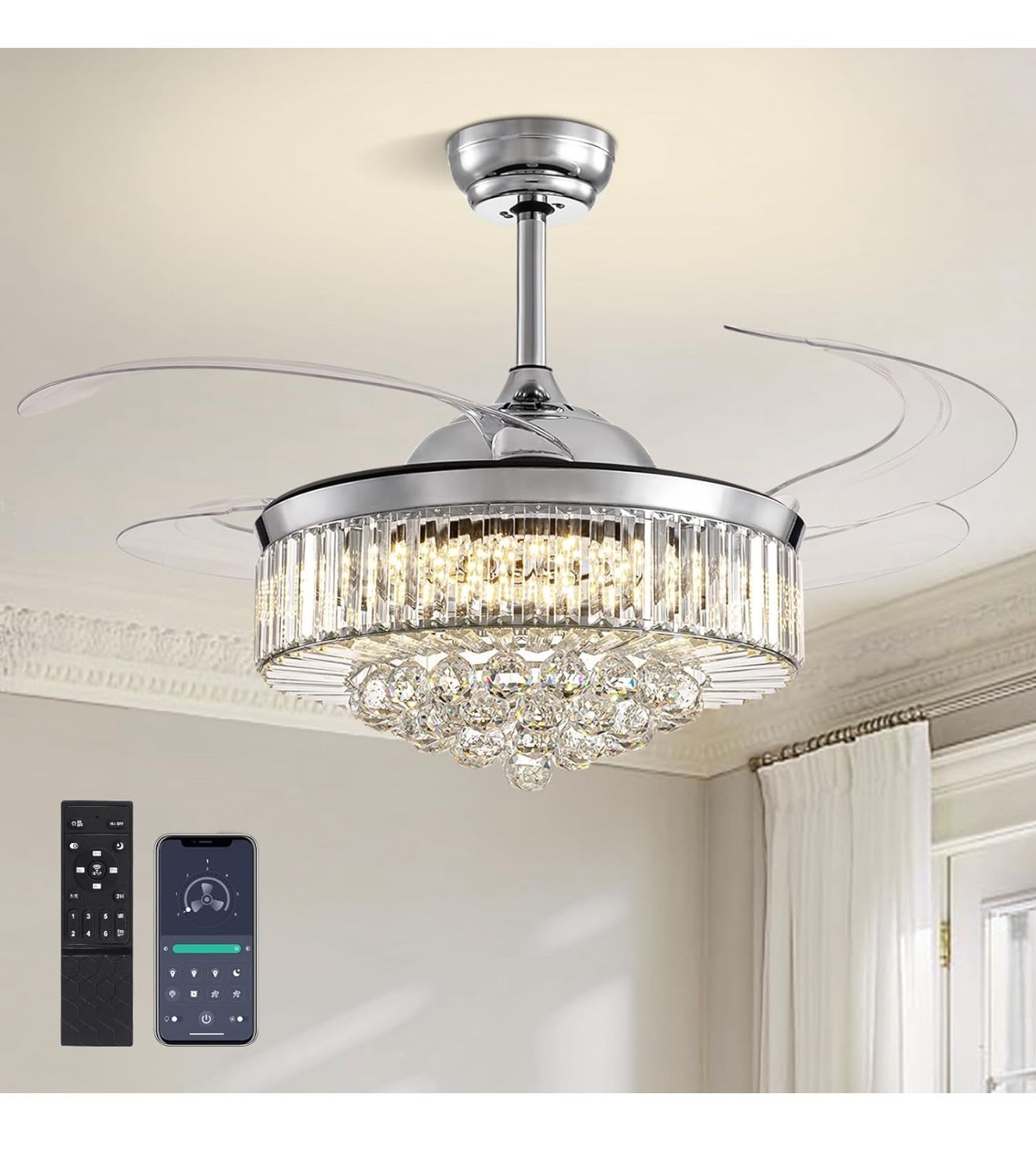 48 Inch Crystal Chandelier Ceiling Fan with Light Modern Chandelier Ceiling Fan with Retractable Blades Crystal Fandelier with Remote Control 48" Chro