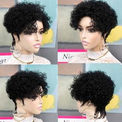 Women's Nigteye Glueless Human Hair Black 1B Short Curly Pixie Cut Wig
