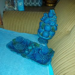 Free/Best Offer Rectangular Dish & Table Decoration, Blue Fruit & Green Leaves, 1960's, Japan.