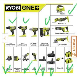 Ryobi Tool Set 6 Piece Batteries Available Separate 