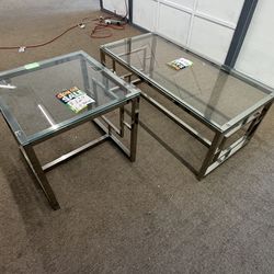 Glass Stainless Steel Coffee Table and End Table
