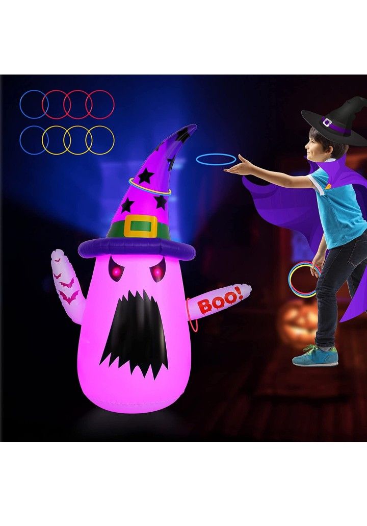 Halloween Decoration Game ,4.3 ft Ghost Inflatable Tumbler Ring Toss Game with Flash Light, 3-in-1 Halloween Indoor Outdoor Party Decoration Yard Game