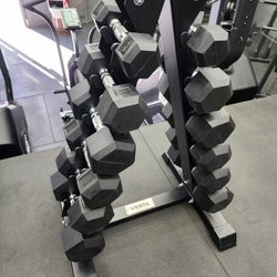 ✔️ RUBBER COATED HEX DUMBBELLS 5 LBS TO 30 LBS WITH VERY SOLID A-FRAME RACK ( BRAND NEW IN THE BOX  )
