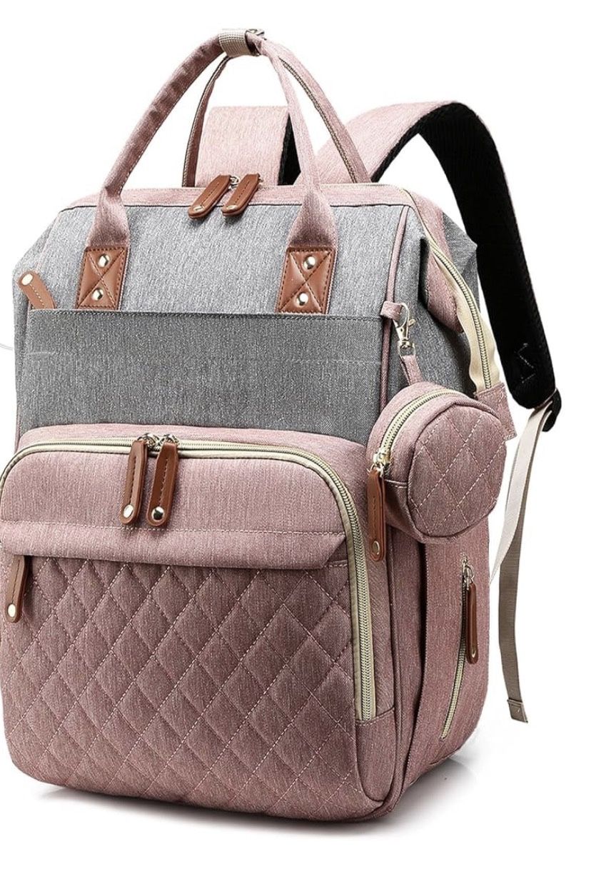 Diaper Bag Backpack Baby Bag, Baby Girl Boy Diaper Bag for Dad Mom with Pad, 16 Pockets, Pacifier Case, Large Diaper Bags Unisex for Travel(Pink Grey)