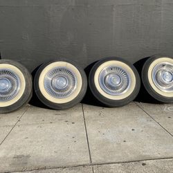 Set 15” Cadillac Factory Stock Wheels W Reming 2 3/4” White Bias Tire, 99% Tread, Old DOT , 60-64 Caddy, 5x5, Sell All 4 $1200.00 Cash