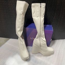 Vivianly Platform Beige Round Toe Wedge Chunky Heels Knee High Boots Size (9 )Beige 