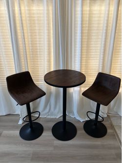3-Piece Modern Bar Height Set – Round Wood Table & 2 Adjustable Swivel Stools