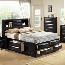Black Storage Platform Bedroom Set  🔥 Recamara Color Negra Medida Queen Size 