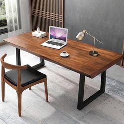 Modern Minimalist Solid Wood Office Desk with Metal Base Easy to Assemble Durable Writing Table Dining Table Computer Desk Multiple Ideal for Living R