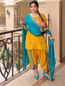 Mustard & Teal Punjabi Patiala Salwar Kameez Suit, 3 Pieces, Medium