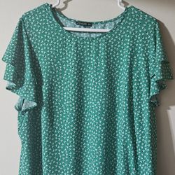2X Adrianna Papell Green Ruffle Sleeve Blouse 