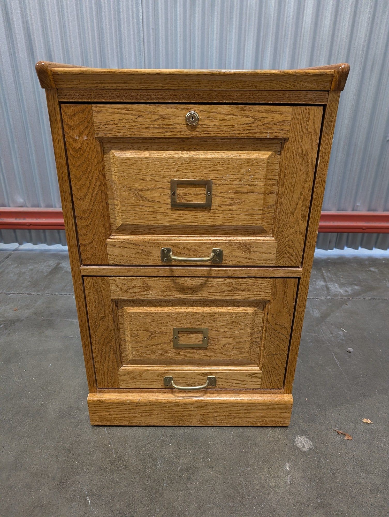 Sturdy Oak Two-Drawer Filing Cabinet with Brass Hardware