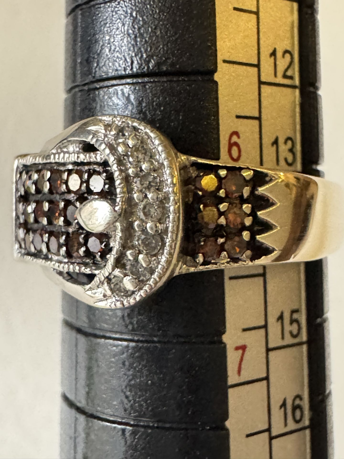 Sterling Silver ~1/4CTW Orange & White Diamond Buckle Ring Size 5.5