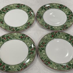 Set of Four 222 Fifth Christmas Foliage porcelain dinner plates. 10.75”