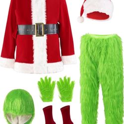 Christmas Costume for Men Adult Santa Claus Suit 7PCS Green Furry Monster Deluxe Xmas Halloween Cosplay Outfit