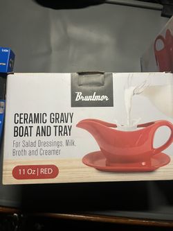 bruntmor 20z Red Ceramic Gravy Boat And Tray New