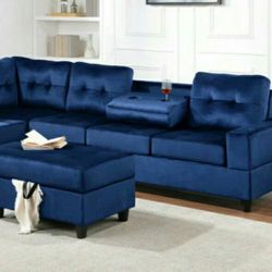 SAME DAY DELIVERY /VELVET BLUE RESERVIBLE SECTİONAL WITH STORAGE OTTOMAN