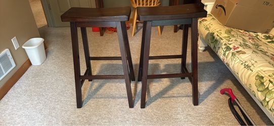 Pair of Dark Wood Saddle Seat Bar Stools