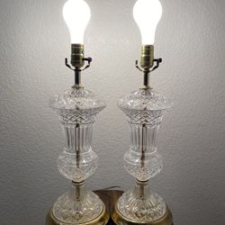 Vintage Brass Pressed Glass Crystal Table Lamps 