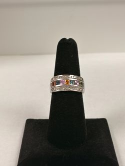 14K WHITE GOLD RING WITH DIAMONDS AND COLOR STONES