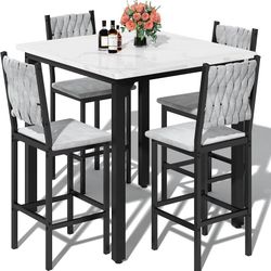 5-Piece Dining Table Set, Kitchen Table Set for 4 (White) Counter Height Table & 4 Velvet Bar Stools, Modern Compact Dining Set for Small Spaces, Dini
