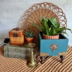Upcycled Wooden Teal Trinket Box with Ornate Hardware and Rustic Wooden Legs