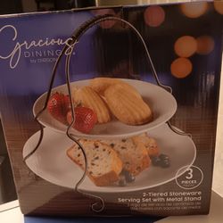 2 TIERED STONEWEAR SERVING SET WITH STAND