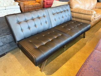 Black Tufted Leather Convertible Futon