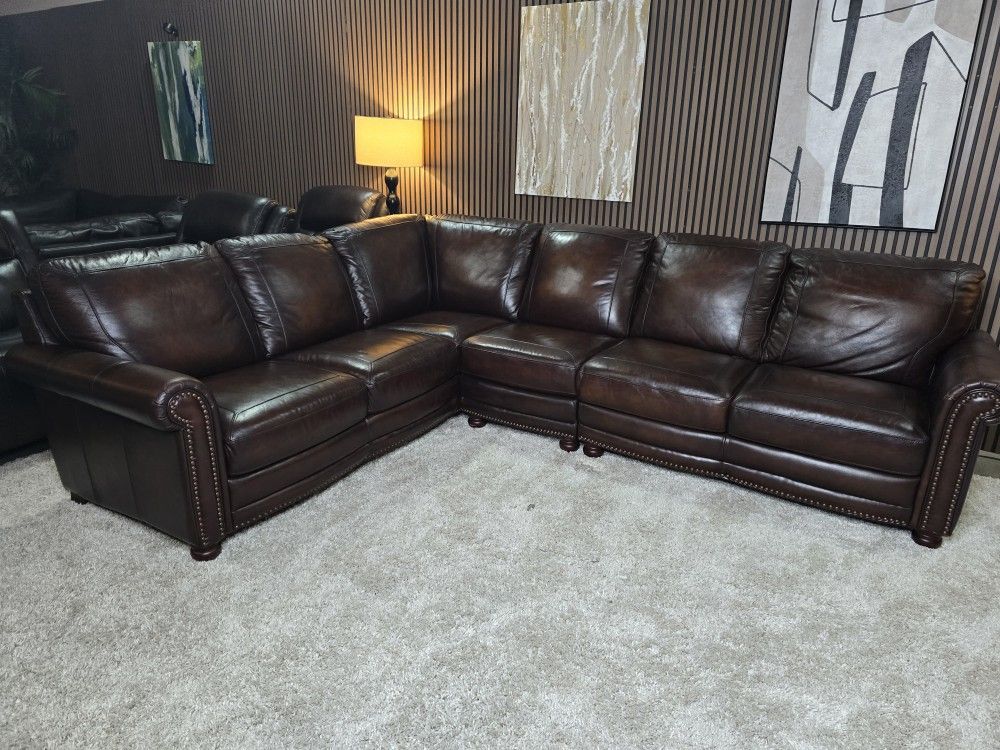 Modern High Quality Top Grain Leather 3 Piece Living Room Sectional Dark Brown