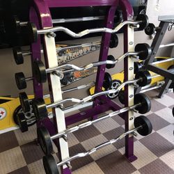 Rubber Straight & EZ Curl Barbell Set With Rack