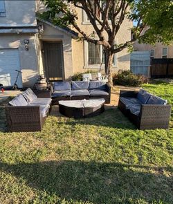 9 piece Brown frame blue cushions patio sofa set outdoor patio furniture 🆕