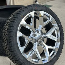 Set Of 22” CHROME SNOWFLAKES WITH ALL TERRAIN 285/45/22 TIRES (We Finance) 