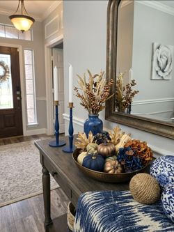 Painted Wood & Metal Taper Candle Holder Candlesticks Blue Gold Pair 11in