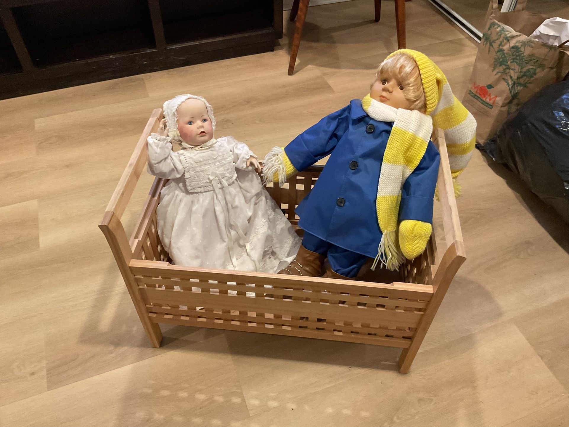 Two Big, Vintage Dolls In A Big Bed , In Very Good Condition