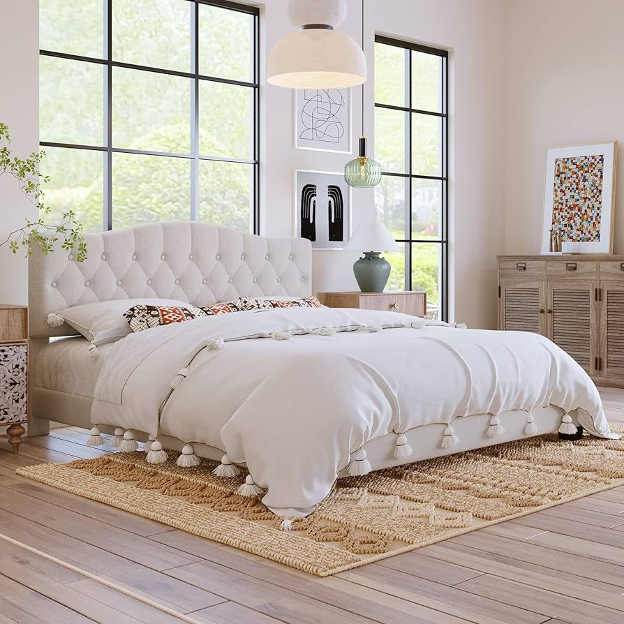 NEW Beige Wood Frame Queen Size Linen Upholstered Platform Bed with Saddle Curved Diamond-Tufted Headboard