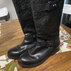 COACH Virginia Black Leather Embossed CC Signature Mid-Calf Size 8