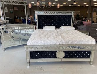 NEW IN BOX- Queen & King Size Glam Silver and Black Velvet on Headboard Bed Frame FINANCE AVAILABLE