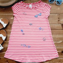 SIZE 7-8 GIRLS CORAL & WHITE STRIPED KNIT LONG TUNIC 