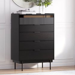 5 Drawer Dressers for Bedroom Wide Chest of Drawers Deep Drawer Modern Storage Organizer Black Long Dresser (45" W x 16" D x 31.5" H)