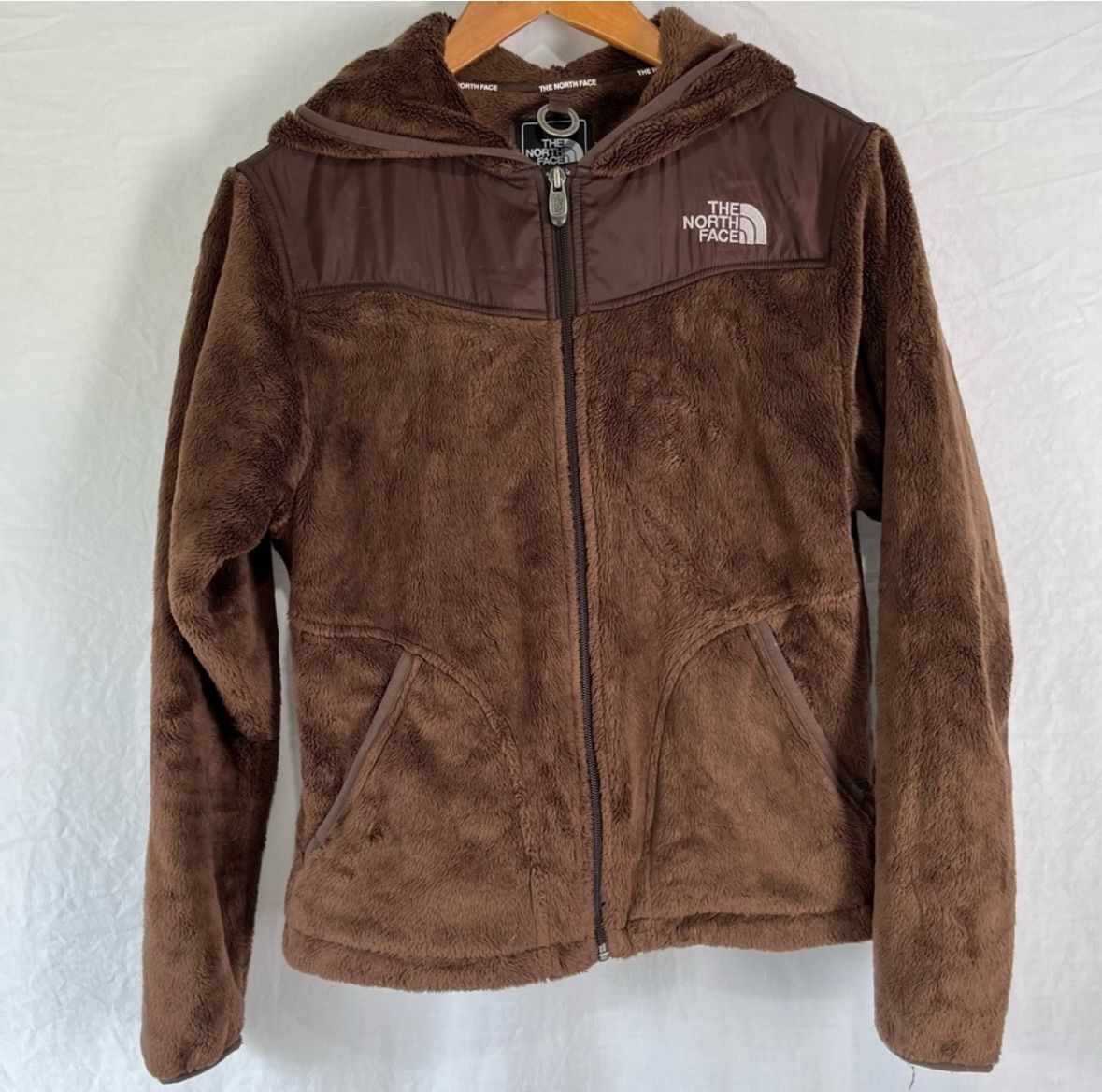 North Face women's medium brown hooded zip up fleece with zip pockets soft cozy