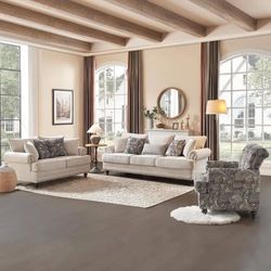 3-Pieces Chesterfield Rolled Arm Couch Set Beige Chenille Sofa Loveseat and Armchair with Nail head Living Room Set